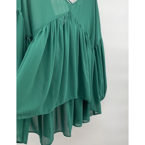 Umgee Women’s Top Medium Baby Doll Open Cross Cross Back‎ Balloon Sleeve Green - Picture 6 of 13